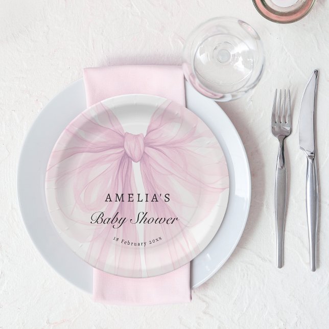 Elegant Pink Bow Girls Baby Shower Paper Plate (Creator Uploaded)