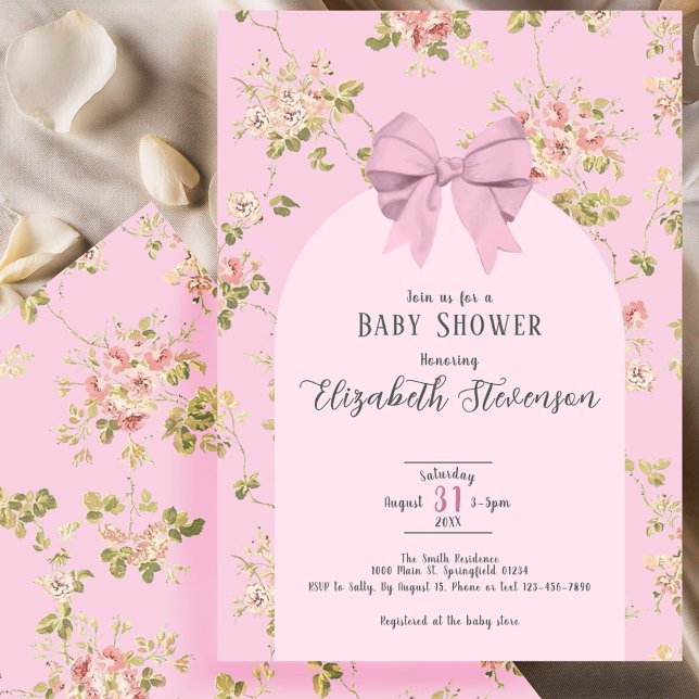Elegant Pink Bow Girly Floral Baby Shower  Invitation (Creator Uploaded)