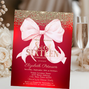 Elegant Pink Bow Gold Diamond Red Sweet 16  Invitation