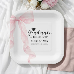 Elegant Pink Bow Graduation Cap Graduate Paper Plate