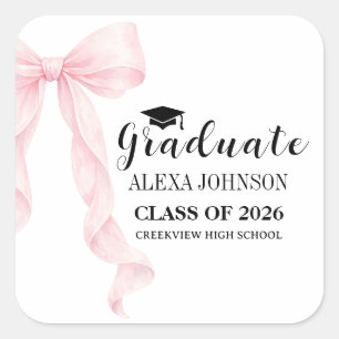 Elegant Pink Bow Graduation Cap Graduate Square Sticker