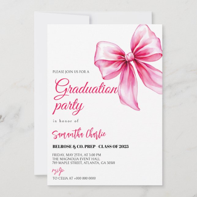 Elegant Pink Bow Graduation  Invitation (Front)