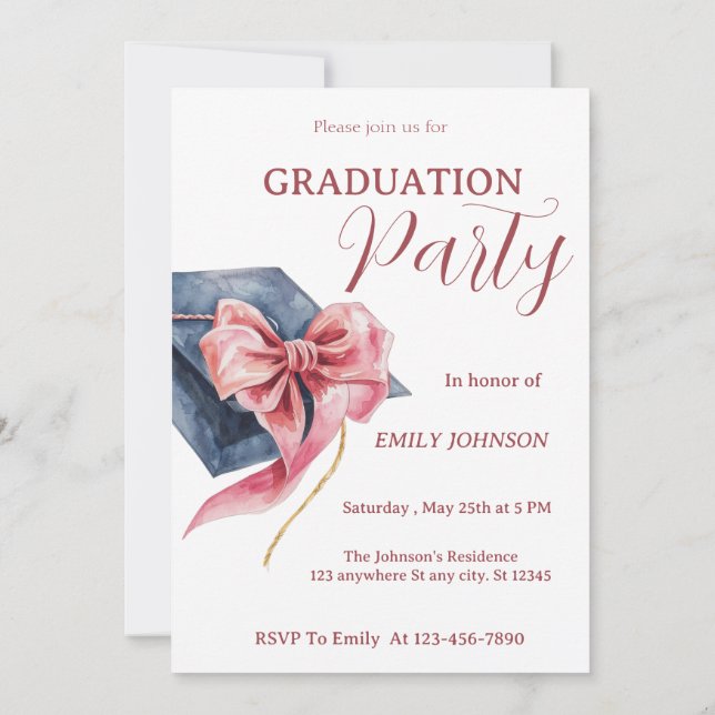 Elegant Pink Bow Graduation Party Invitation  (Back)