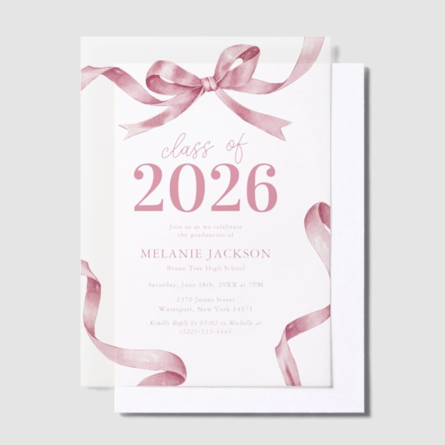 Elegant Pink Bow Graduation Party Vellum Invitations (Offset)