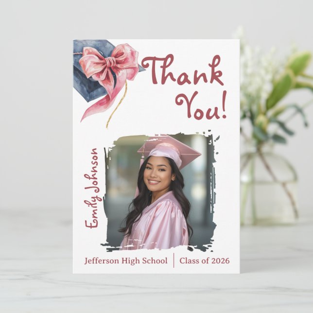 Elegant Pink Bow Graduation Thank You Card  (Standing Front)