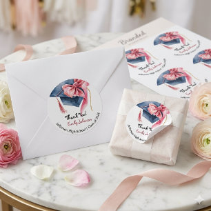 Elegant Pink Bow Graduation Thank You Classic Round Sticker