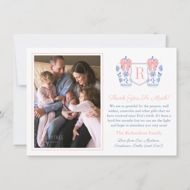 Elegant Pink Bow Monogram Baby Girl Picture Thank You Card (Front)