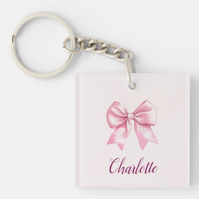 Elegant Pink Bow & Name | Personalised Keychain (Front)