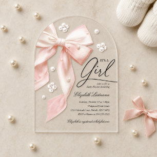 Elegant Pink Bow Pearl Girl Baby Shower Invitation