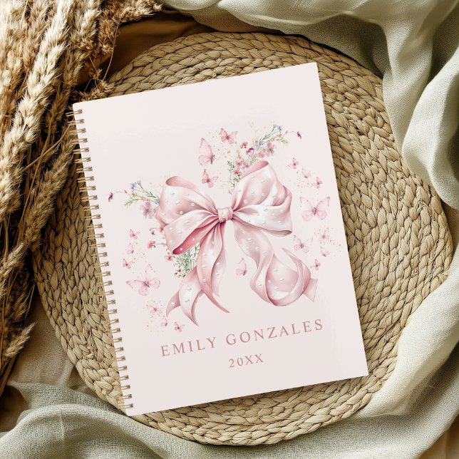 Elegant Pink Bow & Pearls Coquette Personalised Planner (Elegant Pink Bow & pearls coquette personalized planner notebook)