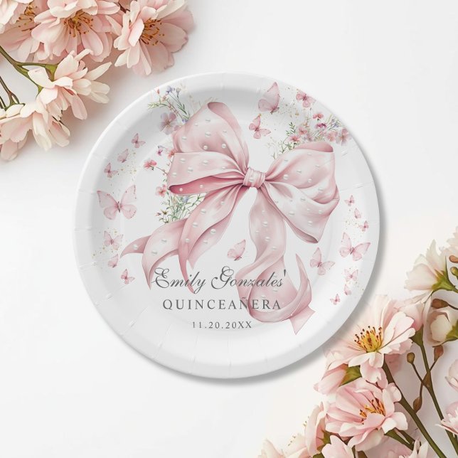 Elegant Pink Bow & Pearls Coquette Quinceañera  Paper Plate (Pink bow Pearls Coquette Quinceañera party Paper plate)