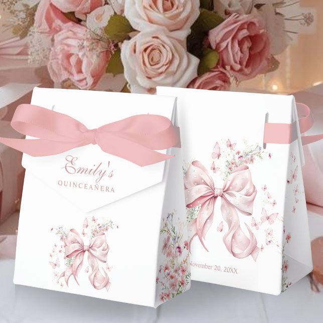 Elegant Pink Bow Pearls Floral Quinceanera Gift Favour Box (Elegant Pink Bow Pearls floral Quinceañera Birthday Gift favor boxes)