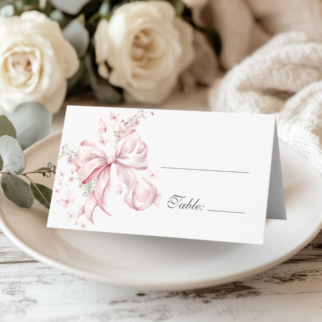 Elegant Pink Bow Pearls Floral Table Place Card (Coquette Pink Bow Pearls Floral place card)