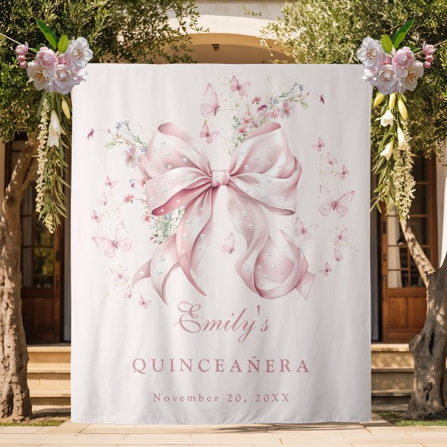 Elegant Pink Bow Pearls Quinceanera Birthday Tapestry (Elegant Coquette Pink Bow Quinceañera backdrop)