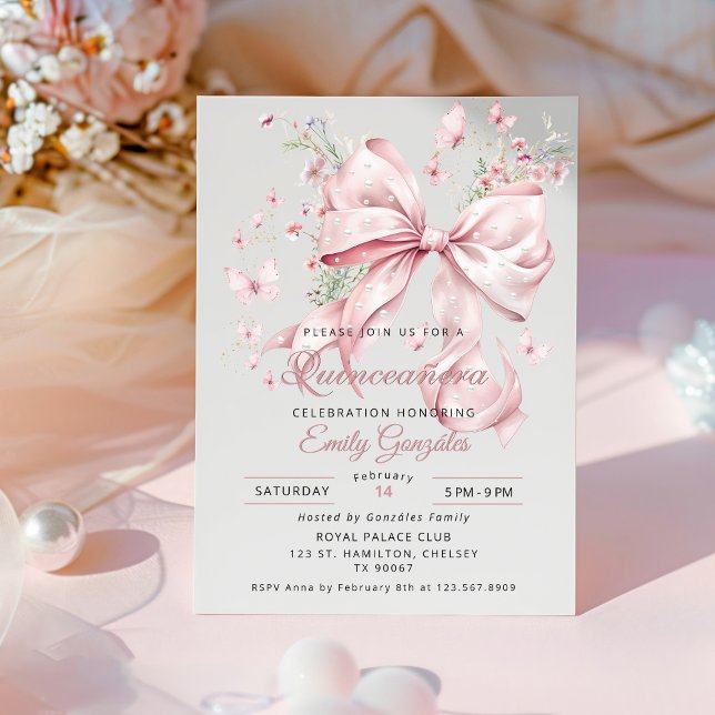 Elegant Pink Bow & Pearls Quinceañera Invitation (Creator Uploaded)