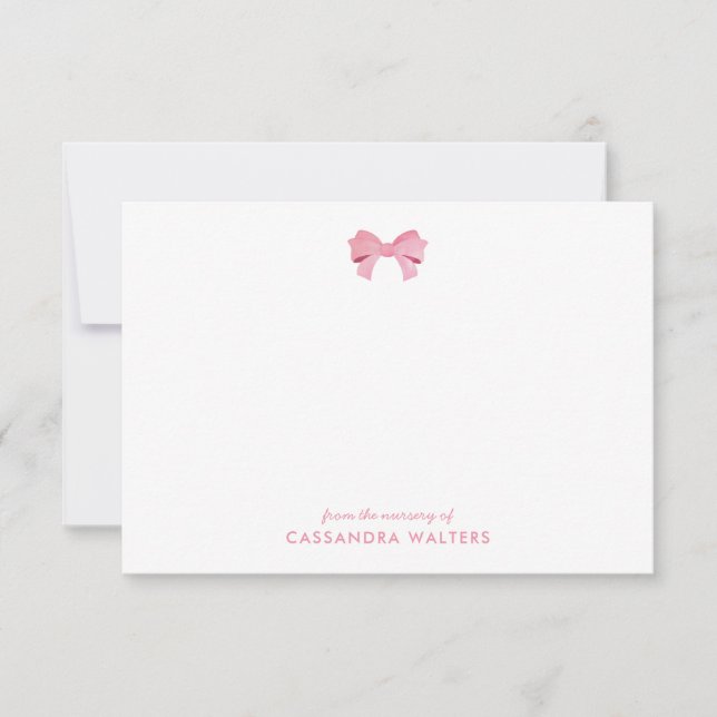 Elegant Pink Bow Personalised Nursery Note Card (Front)