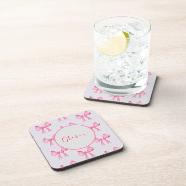 Elegant Pink Bow Personalised Strong Paper Coaster (Right Side)