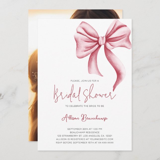 Elegant Pink Bow Photo Bridal Shower Party Invitation (Front/Back)
