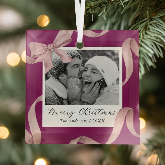 Elegant Pink Bow Photo Holiday Glass Tree Decoration (Creator Uploaded)