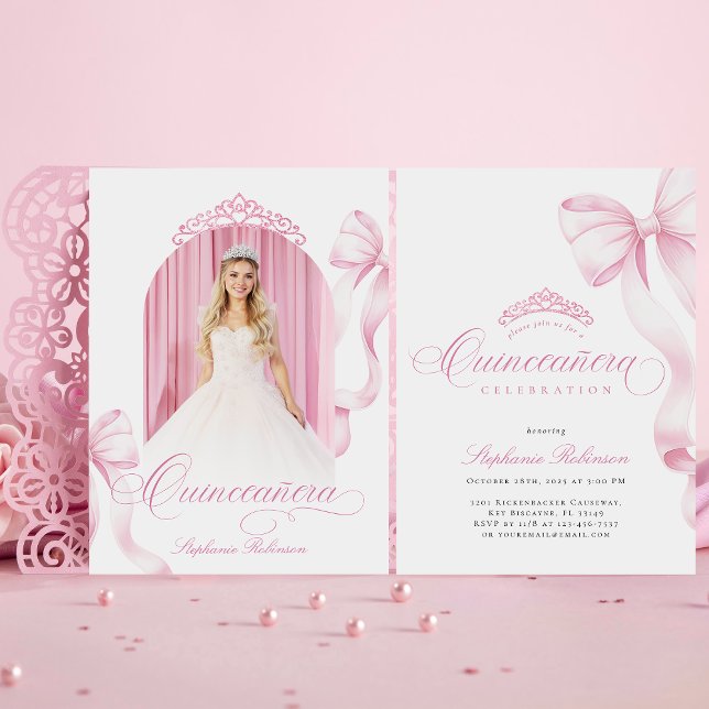 Elegant Pink Bow Photo Quinceañera Invitation (Creator Uploaded)