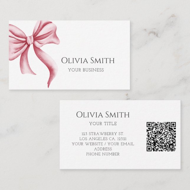 Elegant Pink Bow QR Code Business Card (Front/Back)
