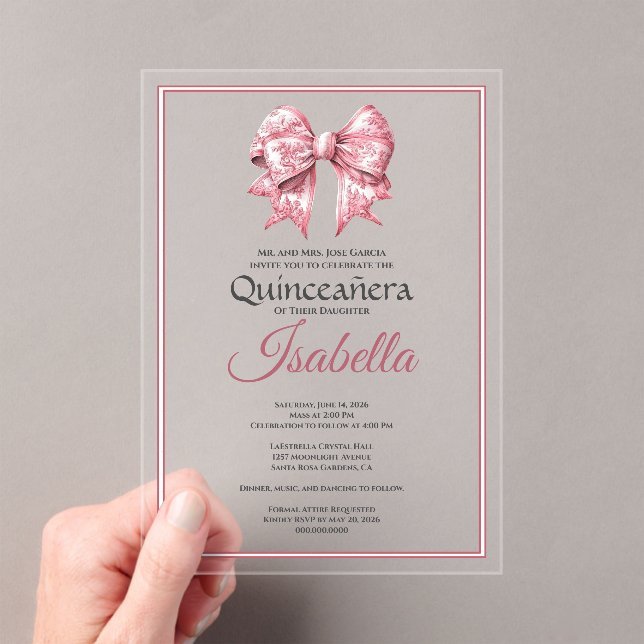 Elegant Pink Bow Quinceanera 15th Birthday Acrylic Invitations (Insitu (Handheld))