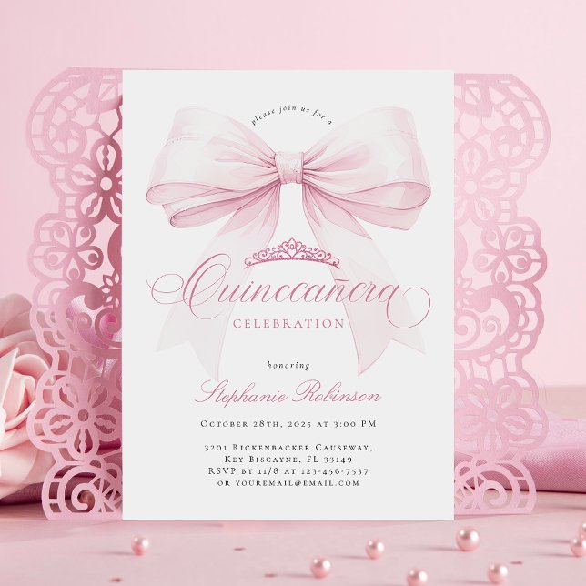 Elegant Pink Bow Quinceañera Invitation (Creator Uploaded)