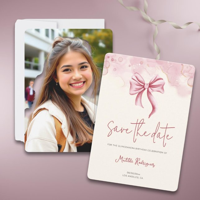 Elegant Pink Bow Quinceañera Photo Save The Date (Creator Uploaded)