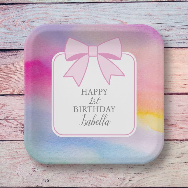 Elegant Pink Bow Rainbow Watercolor First Birthday Paper Plate (Creator Uploaded)