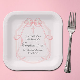 Elegant Pink Bow Ribbon Confirmation Party Paper Plate