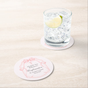 Elegant Pink Bow Ribbon Confirmation Party Round Paper Coaster