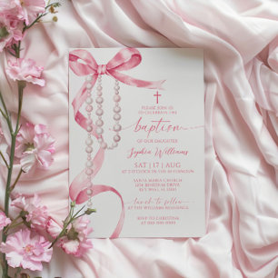 Elegant Pink Bow & Rosary Baptism Invitation