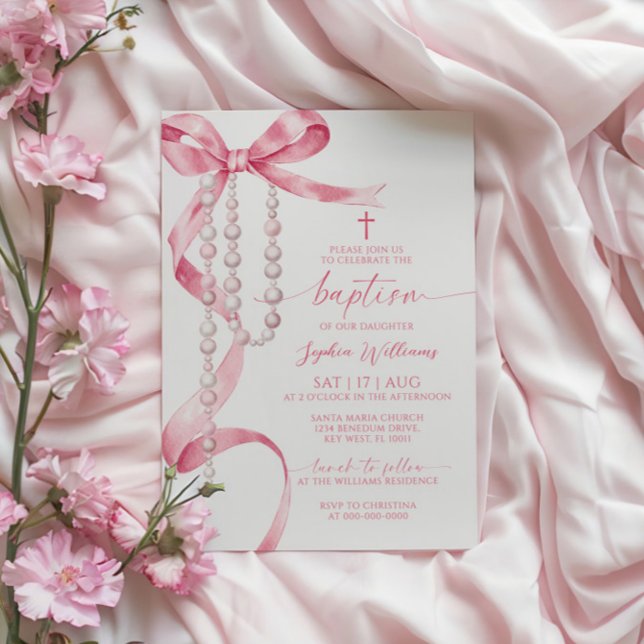Elegant Pink Bow & Rosary Baptism Invitation (Creator Uploaded)