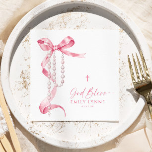 Elegant Pink Bow & Rosary Baptism Napkin