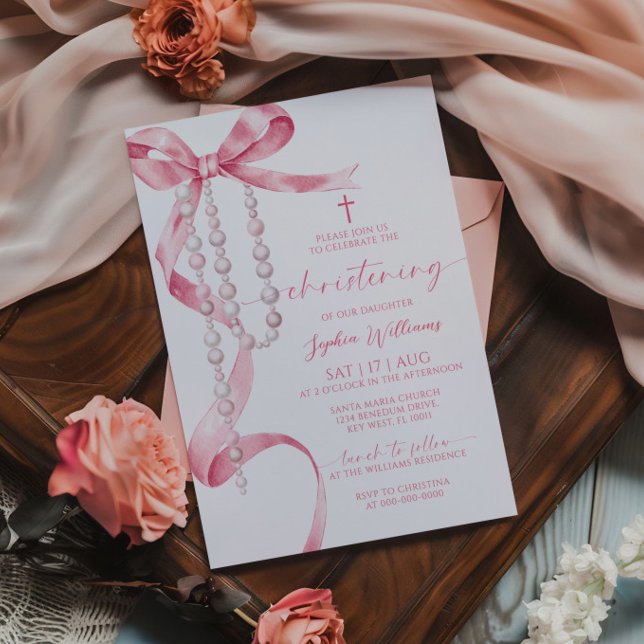 Elegant Pink Bow & Rosary Christening Invitation (Creator Uploaded)