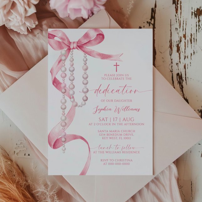 Elegant Pink Bow & Rosary Dedication Invitation (Creator Uploaded)