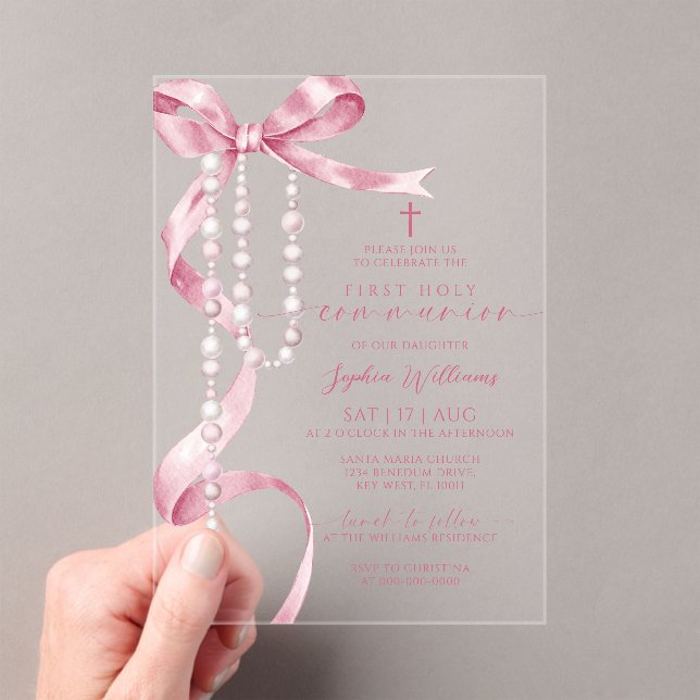 Elegant Pink Bow & Rosary First Holy Communion Acrylic Invitations (Insitu (Handheld))