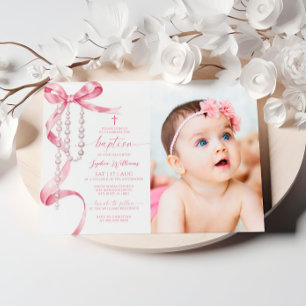 Elegant Pink Bow & Rosary Photo Baptism Invitation