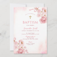 Elegant Pink Bow Rose Floral Cross Girl Baptism