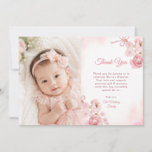 Elegant Pink Bow Rose Floral Cross Girl Baptism Thank You Card