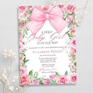 Elegant Pink Bow & Roses Coquette Girl Baby Shower Invitation