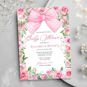 Elegant Pink Bow & Roses Coquette Girl Baby Shower Invitation