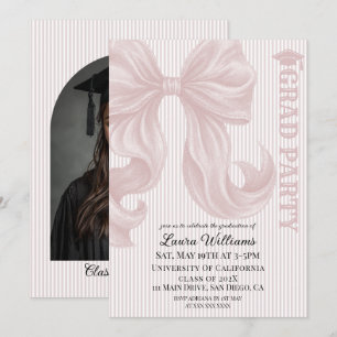 Elegant Pink Bow Striped Graduation Photo Invitation