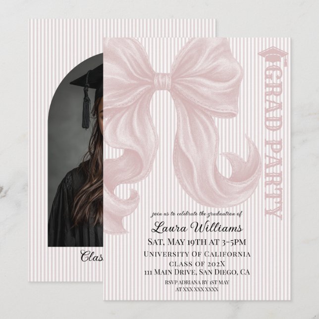 Elegant Pink Bow Striped Graduation Photo Invitation (Front/Back)