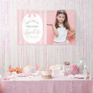 Elegant Pink Bow Sweet 16 Birthday Photo Welcome Banner