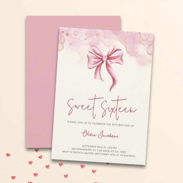 Elegant Pink Bow Sweet Sixteen Birthday Party Invitation (Creator Uploaded)