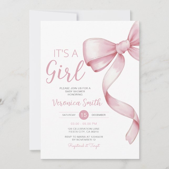 Elegant Pink Bow themed Girl Coquette Baby Shower Invitation (Front)