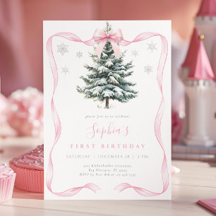 Elegant Pink Bow Winter Onederland First Birthday Invitation