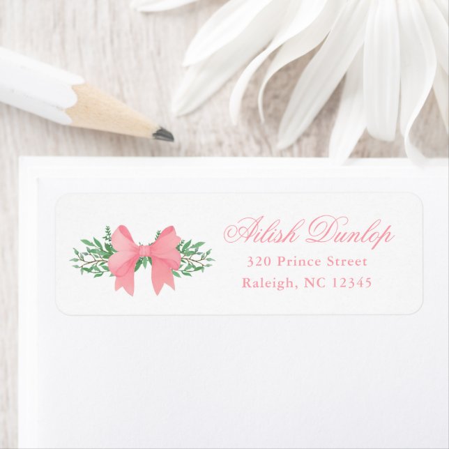 Elegant Pink Bow with Greenery Return Address  Label (Insitu)
