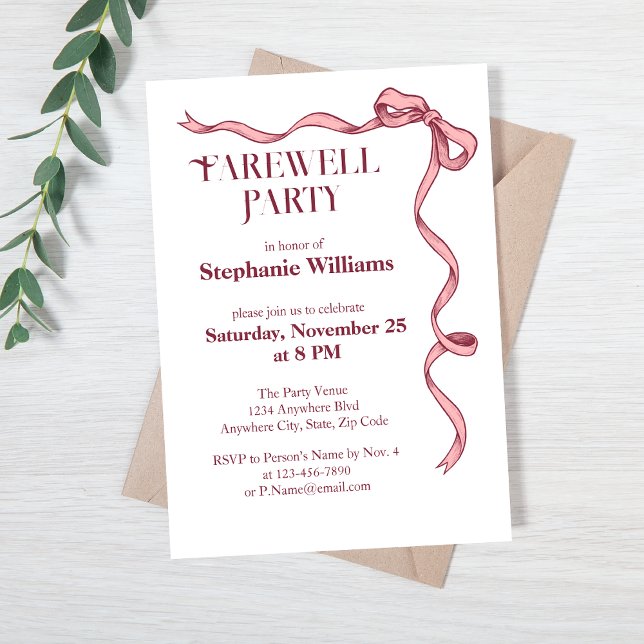 Elegant Pink Bow Women's Farewell Party Invitation (Creator Uploaded)